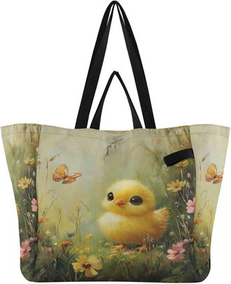Generic Butterfly Yellow Chicken pattern Reusable Canvas Tote Bag, Heavy Duty Grocery Shopping Bag with Hard Bottom Double Handles Large Capacity Work Groceri