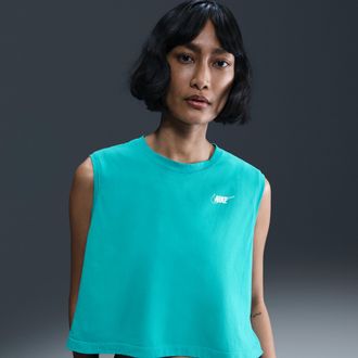 Nike Womens Nike Sportswear Club Sleeveless Cropped Graphic T-Shirt in Green | HF9531-345