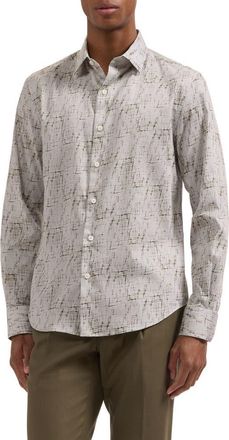 Bugatchi Julian Shaped Fit Abstract Geo Print Stretch Cotton Button-Up Shirt in Khaki at Nordstrom, Size Xxx-Large