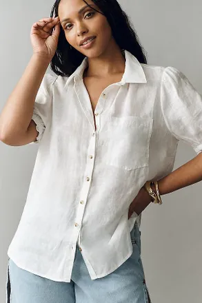 Pilcro Aly 100% European Linen Puff-Sleeve Blouse