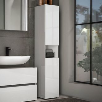 Dmora Columna Volpetta, 5 Estantes, 2 Puertas Made In Italy, 7 Compartimentos, 34x34x180h Cm Blanco Brillante