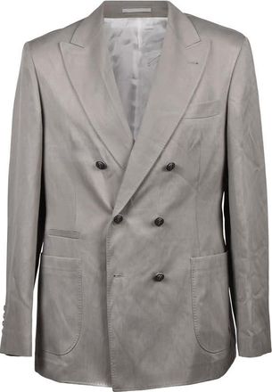 Brunello Cucinelli Khaki Silk Blend Double-Breasted Suit, Brand Size 52 (US Size 42)