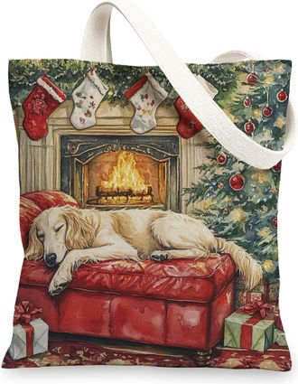 Generic Christmas Afghan Hound Dog Canvas Tote Bag for Shopping 13x15, Xmas Fireplace Puppy Pet Reusable Grocery Print Pattern Bag for Women, Happy New Year B