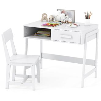 Costway Scrivania Per Bambini Con Sedia, Set Tavolo Studio In Legno Con Cassetto Portaoggetti E Ripiano, 85 X 48 X 70 Cm, Bianco