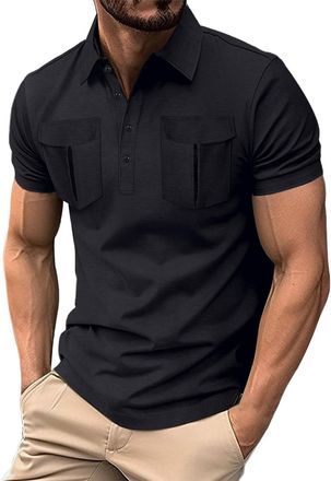 Generic Polo Shirts for Men Utility Epaulettes Shirt with 2 Pockets Casual Button Business Work Tops for Travel Hiking Safari Camisas Polo para Hombre(Z01-Bla