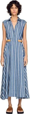 Sandro Striped maxi dress with leather tab in Blu /White at Nordstrom, Size 34 Eu