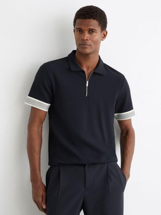 Reiss Navy Sleeve-trim Half-zip Polo Shirts, Xxl