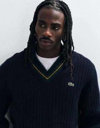 Lacoste maglione con scollo a V a contrasto blu navy
