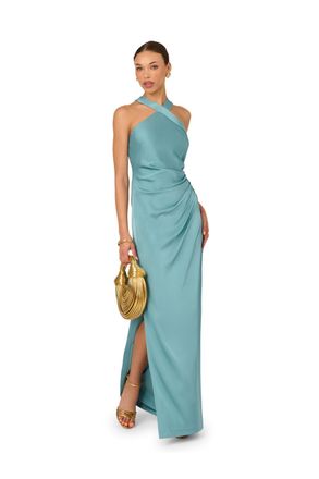 Adrianna Papell Womens Stretch Satin Long Dress - Blue - Size 10 UK