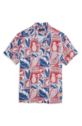 Vineyard Vines Waikiki Woodblock Print Camp Shirt in Island White Blue Multi at Nordstrom, Size Xx-Large