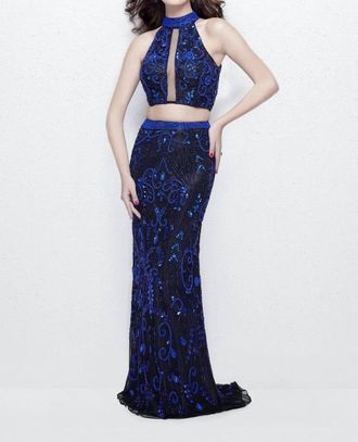 Primavera Beaded Two-Piece Evening Dress In Black Blue