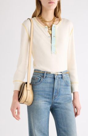 Chlo&eacute; Colorblock Long Sleeve Flatlock Rib Jersey Henley T-Shirt in Natural White at Nordstrom, Size X-Small