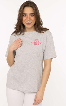 Zwillingsherz T-Shirt ZWILLINGSHERZ Feel Good Club, Damen, Gr. L/XL, light gray melange, Sweatware, Obermaterial: 100% Baumwolle, bestickt, unifarben, klassisch h&uuml;f