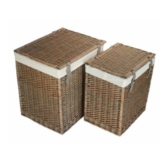Red Hamper Set of 2 Cotton Lined Boutique Antique Wash Laundry Baskets in Brown