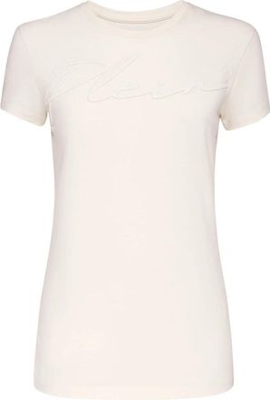 Philipp Plein Satijnen T-shirt Ronde Hals SS Embroidery Signature - Dames - T-shirts - Beige - XS - Satijn - Tops