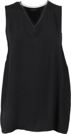 Fabiana Filippi Sleeveless Tops, female, Black, Size: M Canotta Scollo V In Enver Satin con Bordo Tulle, Filo Diamant