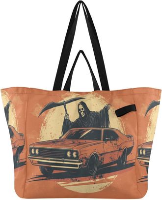 Generic Skull Car Orange print Reusable Canvas Tote Bag, Heavy Duty Grocery Shopping Bag with Large Capacity Hard Bottom Double Handles Work Groceries Travel