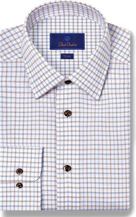 David Donahue Trim Fit Check Cotton Dobby Dress Shirt in Blue/Chocolate at Nordstrom, Size 15.5 - 34