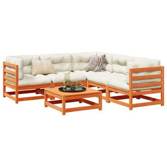 vidaXL Set De Sof&aacute;s Jard&iacute;n 6 Pzas Con Cojines Madera Pino Marr&oacute;n Cera Vidaxl