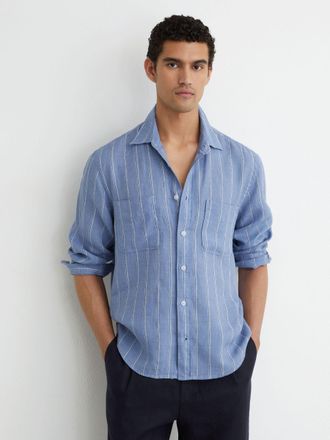 Reiss Blue & white Linen Striped Regular-fit Shirt, Xxl