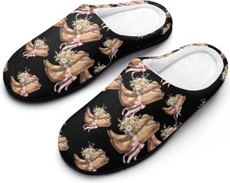 Generic Brown Boots with Ribbon Cotton Slippers for Women Indoor Outdoor Slipper Slip-On Memory Foam Home Shoes