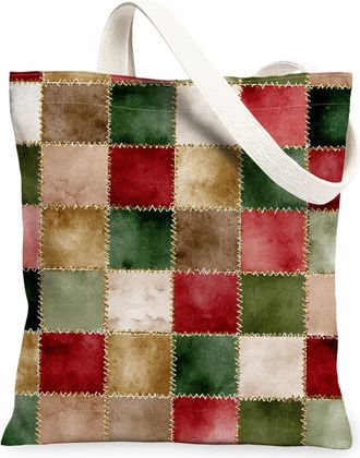 Generic Patchwork Canvas Tote Bag, Vintage Rustic Design Lightweight Washable Grocery Bags, Holiday Seasonal Reusable Shoulder Stra, Red, 13x15 Inch