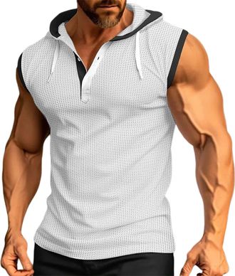 Generic Fashion Waffle Sleeveless Hoodies Men - Athletic Sleeveless Vest Gym Tank Tops Outdoor Loose Sports Vest Buttons Placket Workout Sleeveless T Shirt Sk