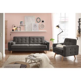 Mørteens home24 Mørteens Schlafsofa Borsh Dunkelgrau Microfaser 222x86x90 cm mit Schlaffunktion und Bettkasten