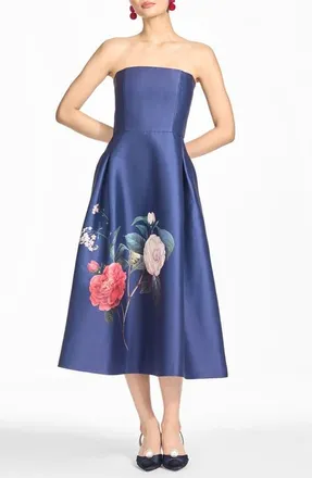 Sachin & Babi Shay Floral Strapless Stretch Mikado Cocktail Midi Dress in Blue Crimson Creme at Nordstrom, Size 14