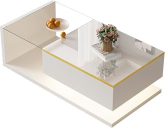 STILVORA Mesa De Centro Con Tapa De Vidrio Templado Y Led Bluetooth 16 Colores, Blanco Brillo, Con Estantes Abiertos, Blanca