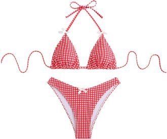 Generic Women Bikini Sets Swimsuits 2 Piece Spaghetti Strap Halterneck Bra Top Halter Neck Triangle Top Thong Bottom Elastic Swimming Costume Soft Swimsuits B