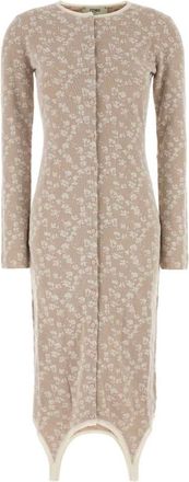 Fendi Beige Round Neck Floral Print Midi Dress