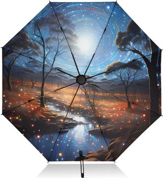 Alaza Umbrellas for Rain Sun Outdoor, Automatic Folding Umbrella Windproof Strong, Large Anti-UV Compact Umbrella Black Outside Forest Starry Sky Moon Trave