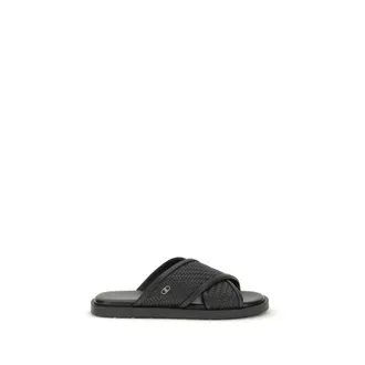Ferragamo Black Calf Leather Bos Taurus Flat Mens Sandals