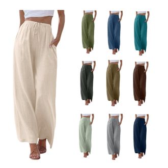 Generic Linen Trousers Womens Long Leg Summer Palazzo Pants High Waisted Wide Leg Pants Casual Ladies Summer Loose Fit Beach Trousers Flowy Elastic Waist (Bei