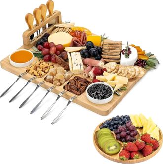 OEM Bandeja De Aperitivos De Bamb&uacute; - Tabla De Tapas Y Quesos - Con Cuchillos, Tenedores, Cuencos Y Bandeja Adicional