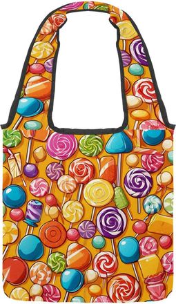 Generic Yellow Candy Pattern Reversible Canvas Shoulder Tote - Double-Sided Print, 12oz Cotton, 27cm Drop, Fold-Flat Bag for Travel, Shopping, Street Outings