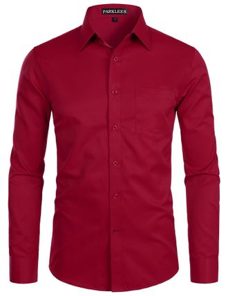 PARKLEES Mens Long Sleeve Dress Shirt Solid Slim Fit Casual Business Formal Button Up Shirts with Pocket Burgundy 2XL
