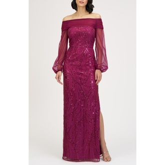JS Collections Savannah Embellished Off the Shoulder Long Sleeve Chiffon Column Gown in Raspberry at Nordstrom Rack, Size 18