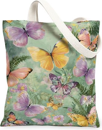 Generic Butterfly Floral Canvas Tote Bags, Nature Inspired Lightweight Washable Shoulder Strap Reusable Shopping Bags for Spring Ou, Green, 13x15 Inch