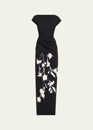 Lela Rose Floral Crepe Boat-Neck Draped Column Gown