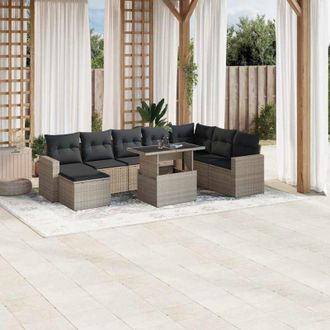 vidaXL Set Muebles Jard&iacute;n 9 Pzas Y Cojines Rat&aacute;n Sint&eacute;tico Gris Claro Vidaxl