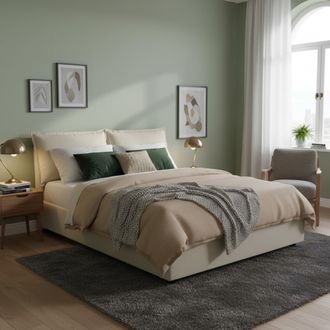 Dmora Dmora - Cama Matrimonial Dmarin, Cama Contenedor Con Revestimiento De Tela, 100% Made In Italy, Apertura Frontal, Con Colch&oacute;n Cm 160x200 Incluido, Bei