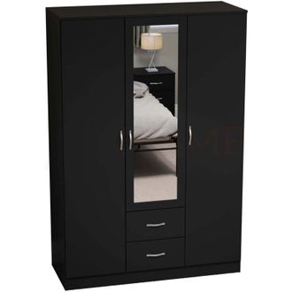 Home Discount Riano 3 Door 2 Drawer Mirrored Wardrobes With Hanging Rail & Shelves, Black
