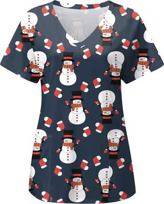 Generic Christmas Scrubs Santa Printed Utility Shirt Care Work Shirt Doctors Hospital Carers Uniform Womens Christmas Scrubs 2023 Dog Grooming V Neck Workwear