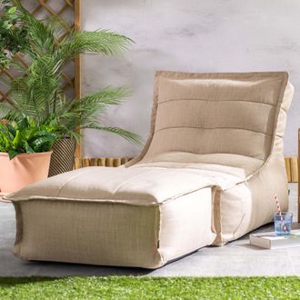 Icon Brand Dolce Indoor Outdoor Bean Bag Lounger & Footstool Grey Patio Chairs in Beige