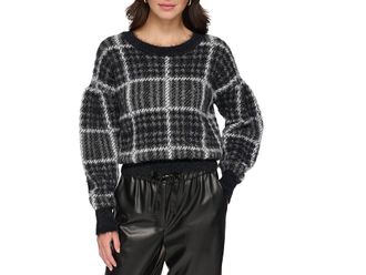 DKNY Long Sleeve Box Plaid Sweater Womens Clothing Black/Ivory : XL, Acrylic/Nylon