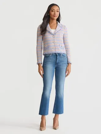 Misook Relaxed Plaid Fringe Trim Knit Jacket in Tranquil Blue at Nordstrom, Size Xx-Large