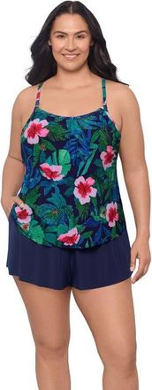 Trimshaper Farrah Scoopneck Swim Romper with Pockets in Jungle Oasis at Nordstrom, Size 24W