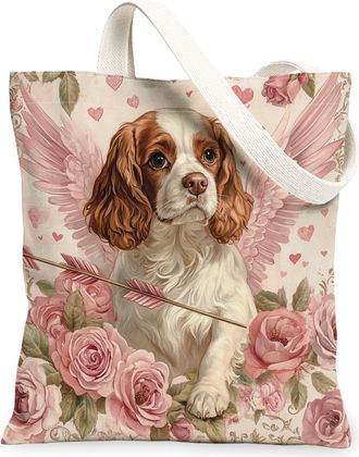 Generic Valentines Day Cavalier King Charles Spaniel Dog Canvas Tote Bag for Shopping 13x15, Vintage Puppy Reusable Grocery Print Pattern Bag for Women, Retro